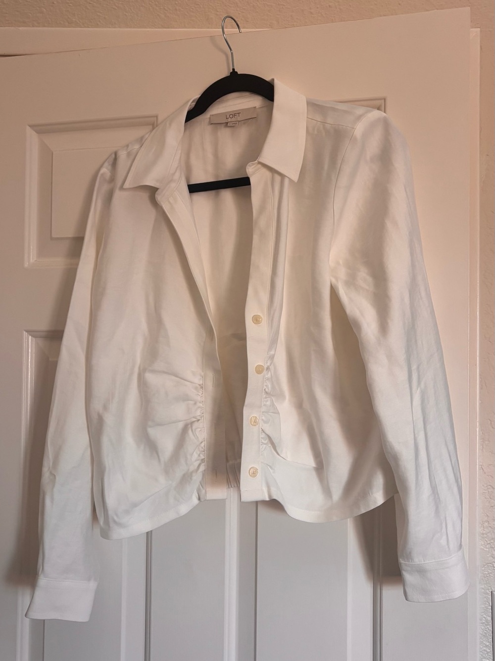 LOFT White Button-Front Ruffled Side Jacket